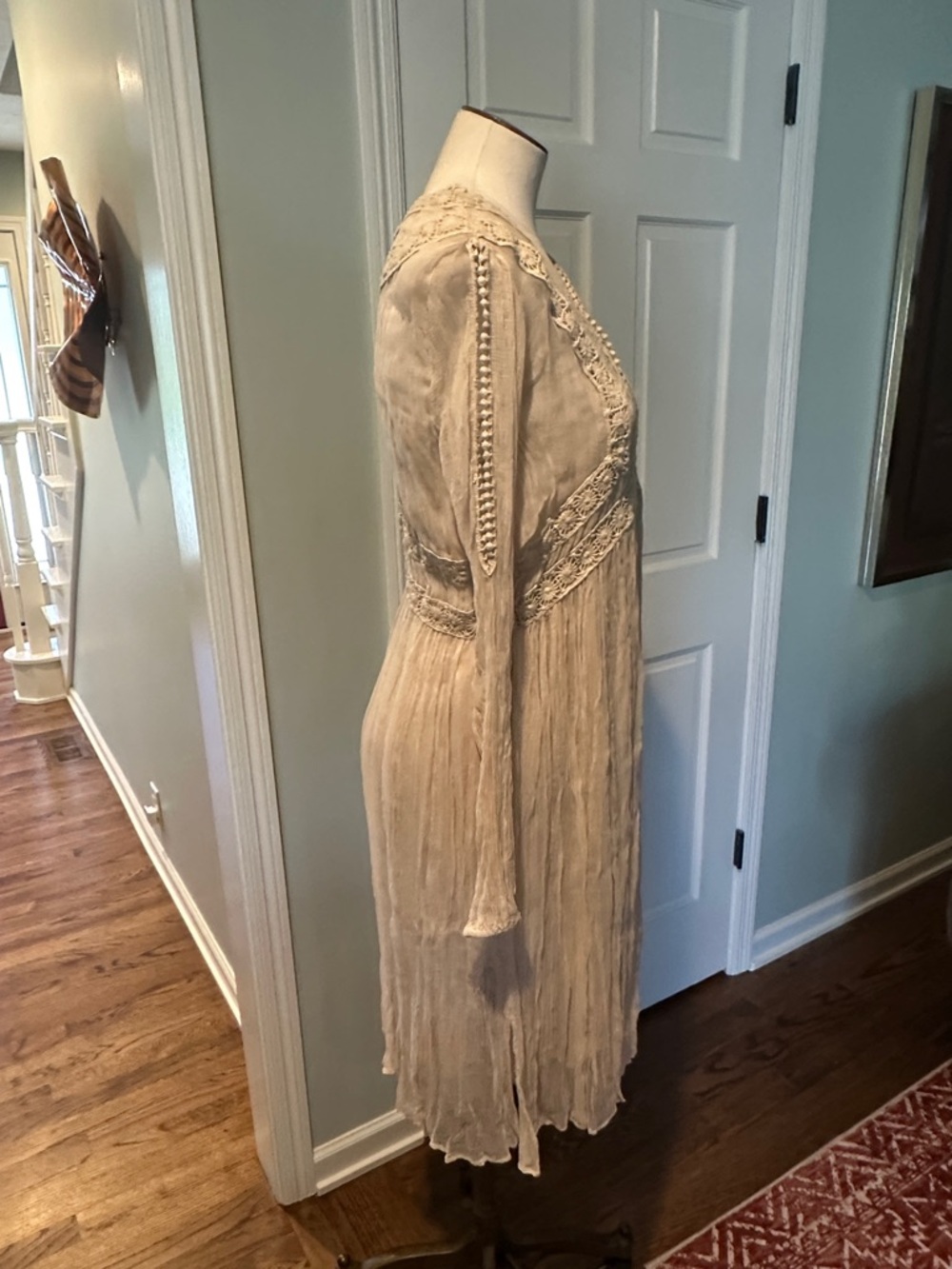 EUC Sundance Sz 12 Gauzy 2-piece Boho Lace-Trim Long Sleeve Midi Dress in Beige - Picture 9 of 11